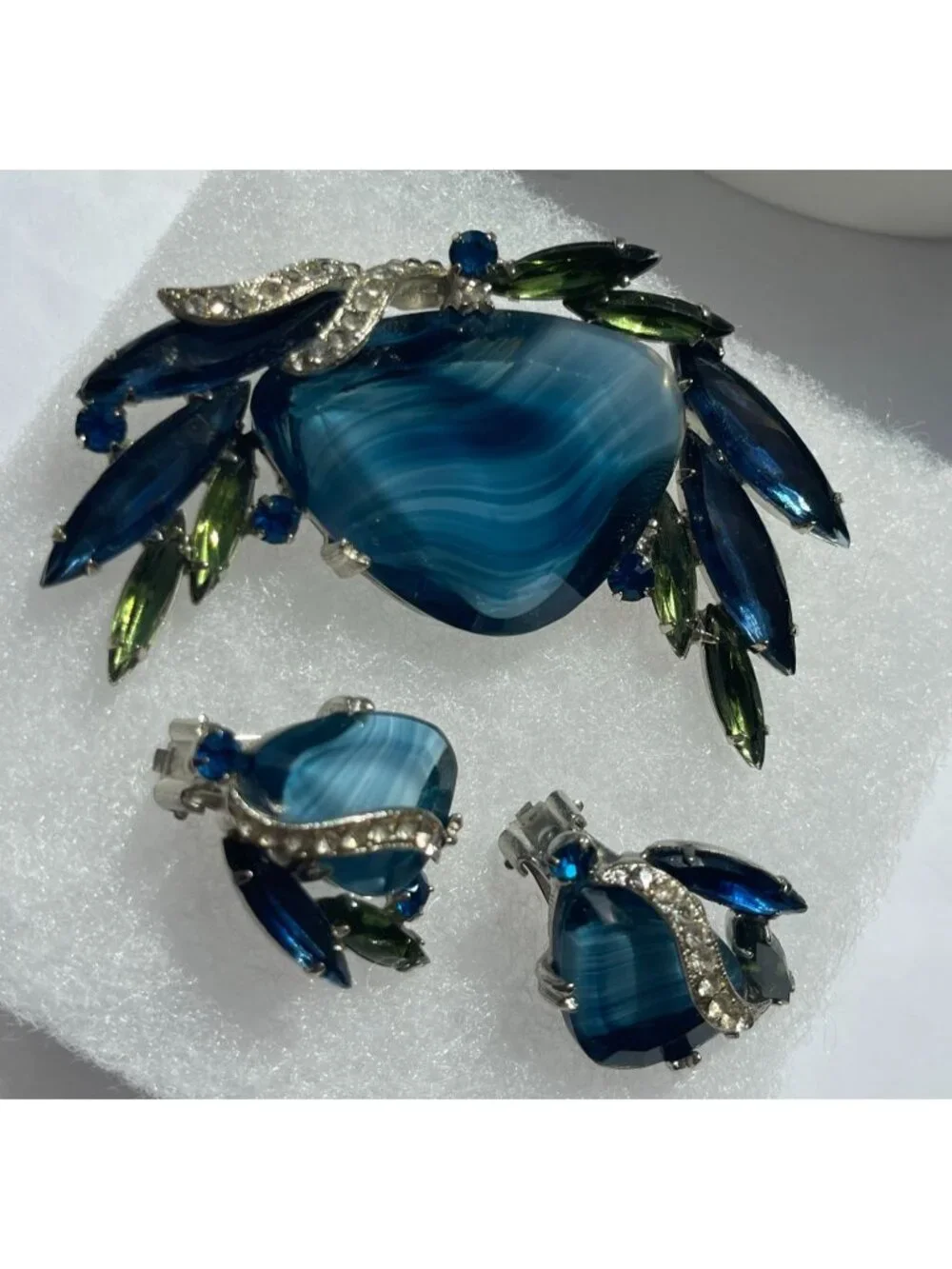 Vtg Blue Glass Givre & Navette Open Back Stones Rhinestone Brooch & Clip-On Earr